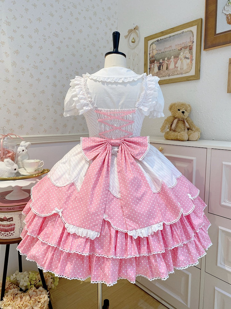 Lolita Old School Pattern Dots Pink Polka and Stripes Jumper Dress Skirt