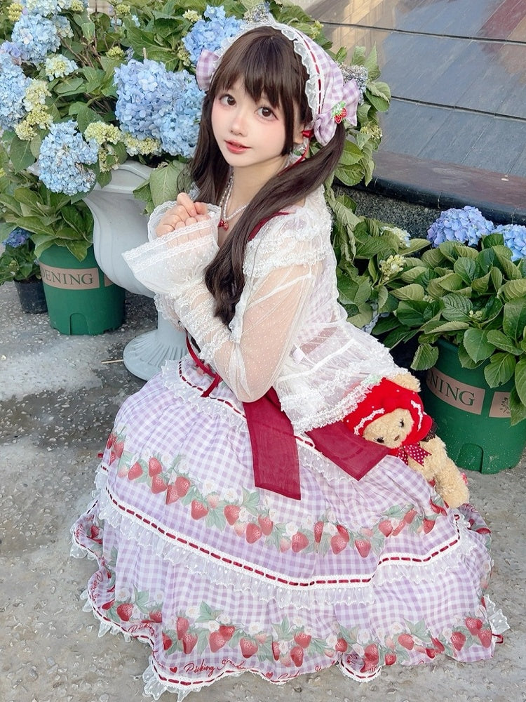 Cottagecore Strawberry Print Purple Picnic Gingham Dress Sweet Lolita Jumper Skirt