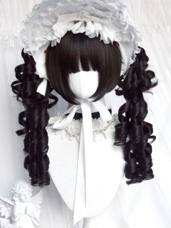 Black Jirai Kei Short Bob Cut Wig With Bangs+Double Ponytail Claw Clips