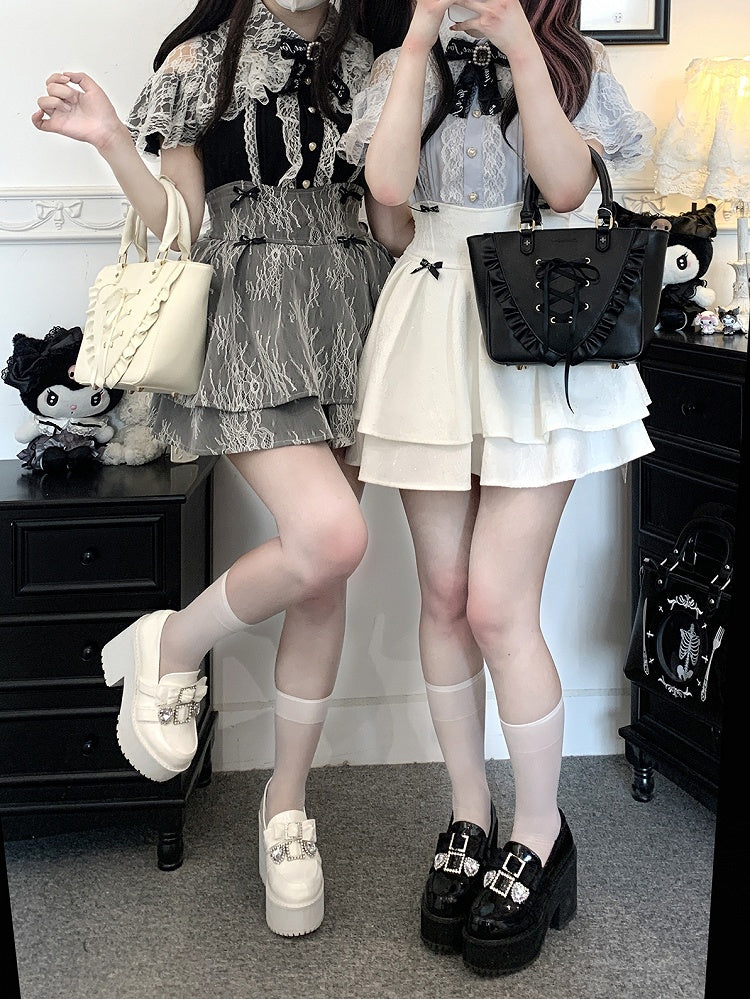 Jirai Kei Black/Blue/White Cutout Shoulder Cape Design Lace Blouse