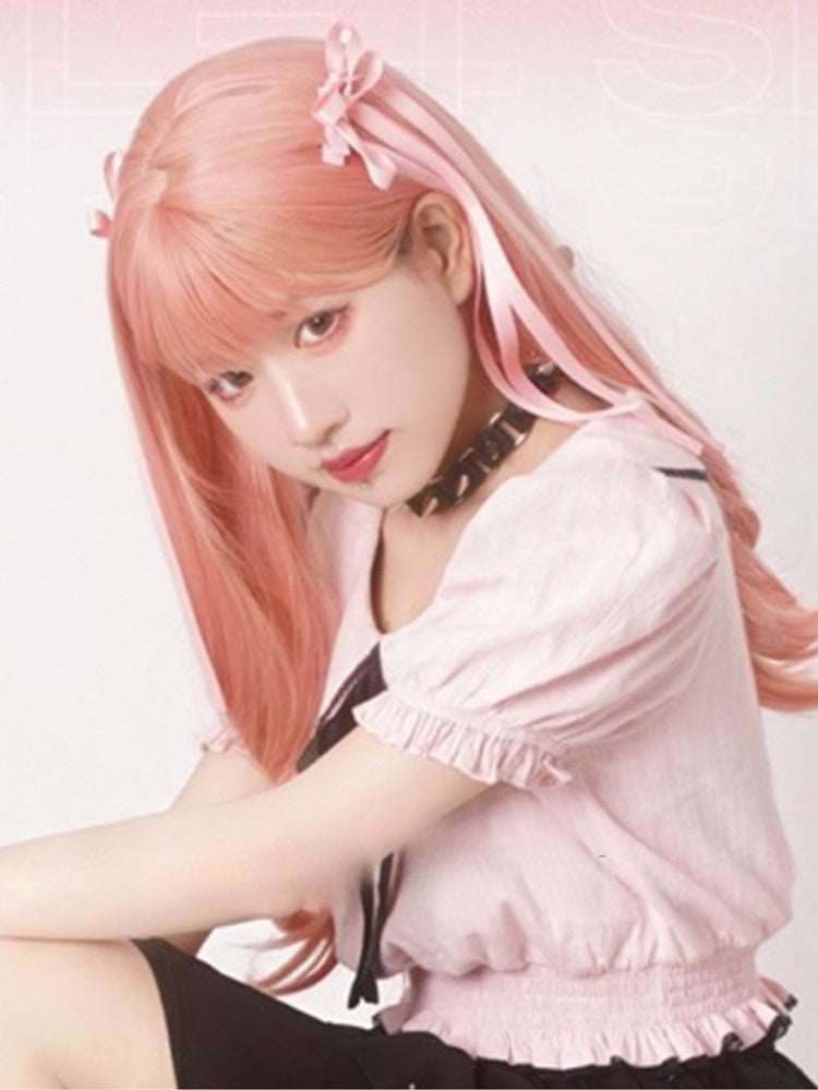 Wavy Pink 65CM Length Air Bangs With Wig
