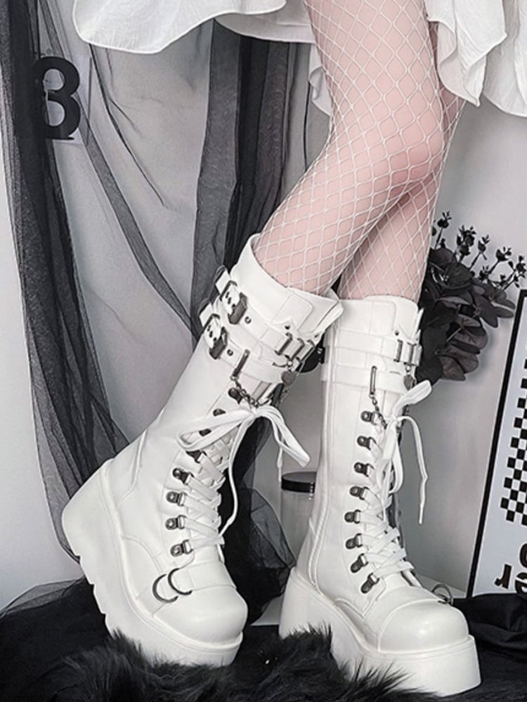 Stiefel Gothic Schnalle Plattform PU Akzente - Weiß Kniehoch