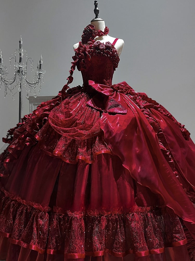 Hanayome Waist Boned Floor Corset Length Gown Hime Dress Red Ball Lolita