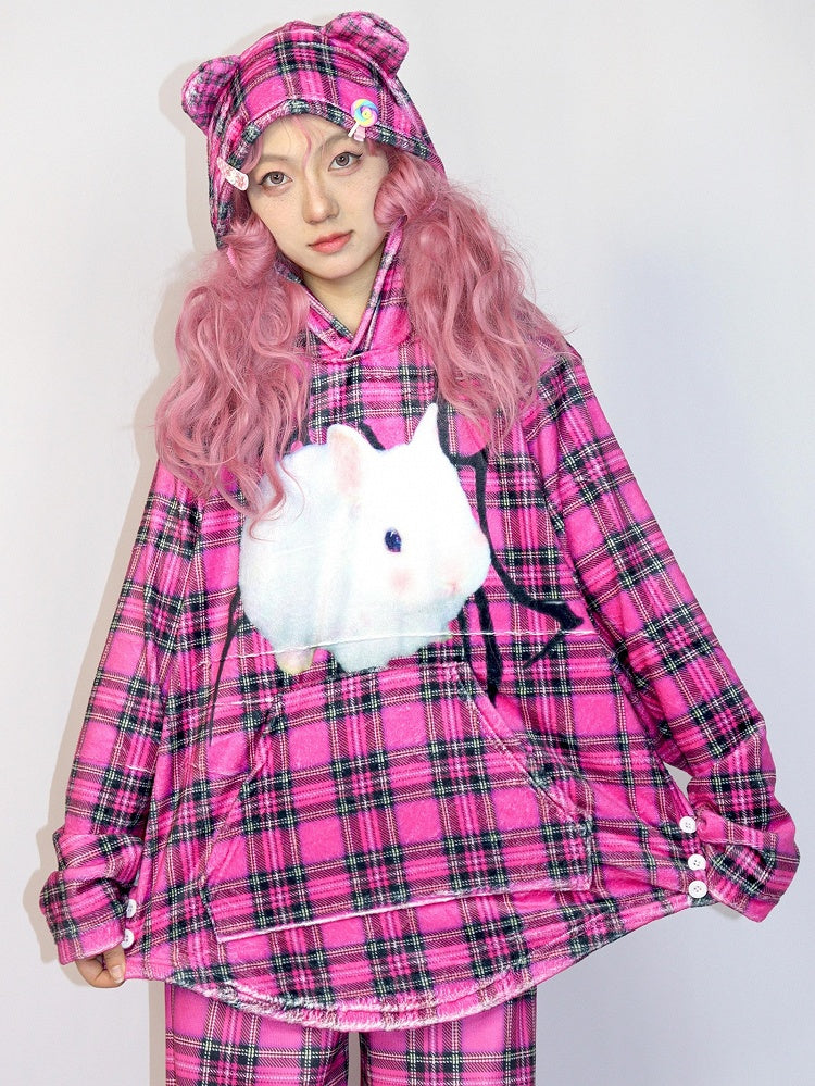 Pattern Hoodie Plaid Oversized Rose Fashion Bunny Red Print Gyaru