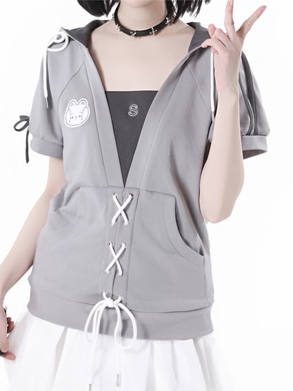 Grey Faux Two-pieces Hooded T-Shirt Lace-up Detail