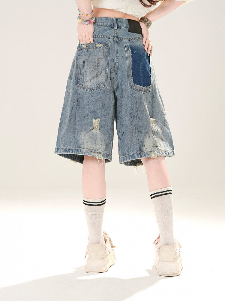 Blue Distressed Holes Straight-Leg Denim Shorts