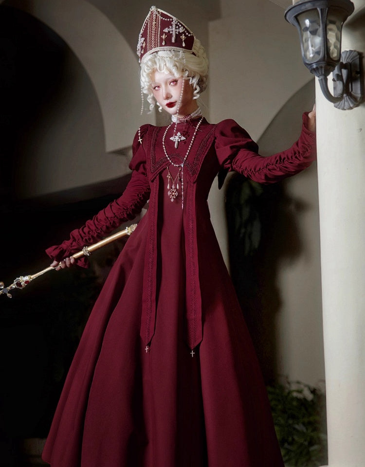 Wein Nonne Outfits Halloween Kleid Ärmel Kreuz Lolita Sammeln Stickerei Rot Juliette