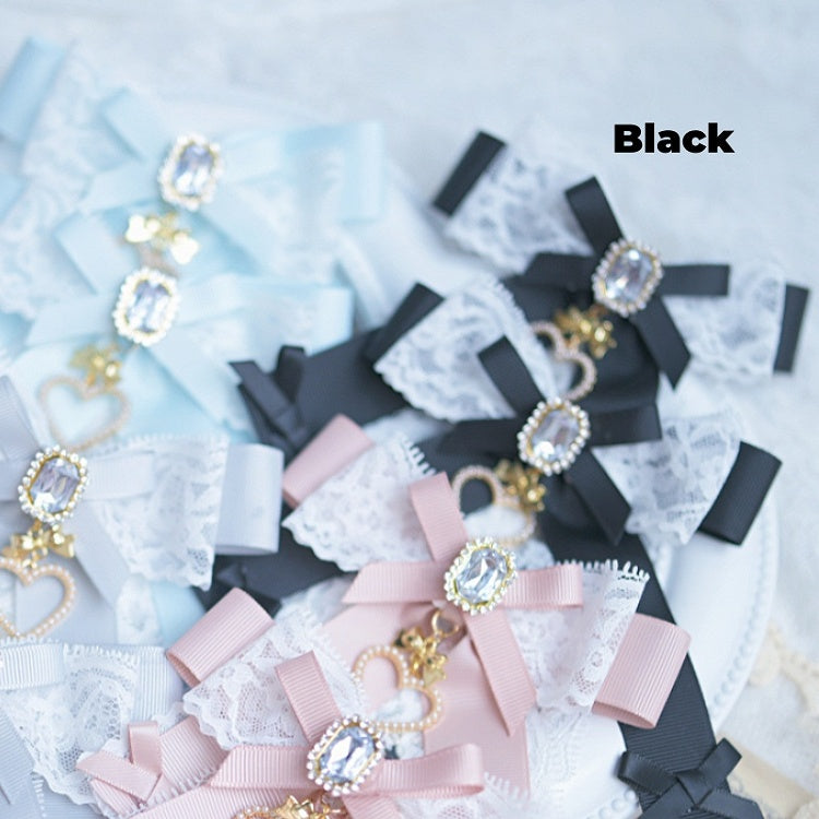 Beaded Heart Charm Jirai Kei Lace Bow Hairclips Dusty Blue/Dusty Pink/Blue/Black