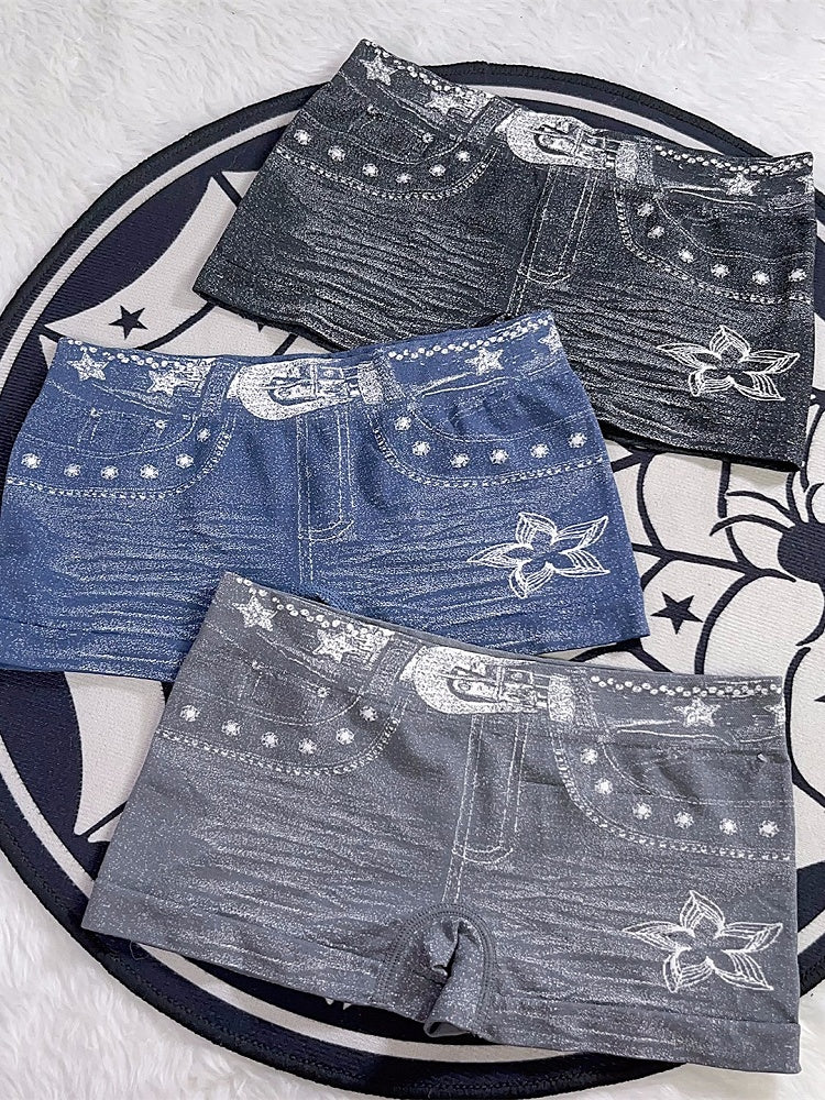Y2K Denim Print Blue/Black/Gray With Shorts