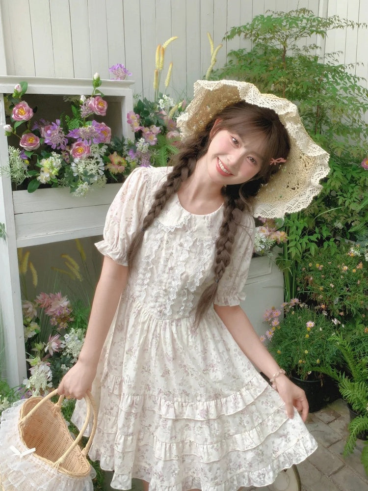 Bow Floral Dress White Peter Pan Collar Self-tie Waist Sweet