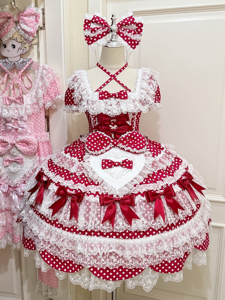 Dress Pattern Old Red Dots Short Polka School Sleeves Bow Accents Lolita