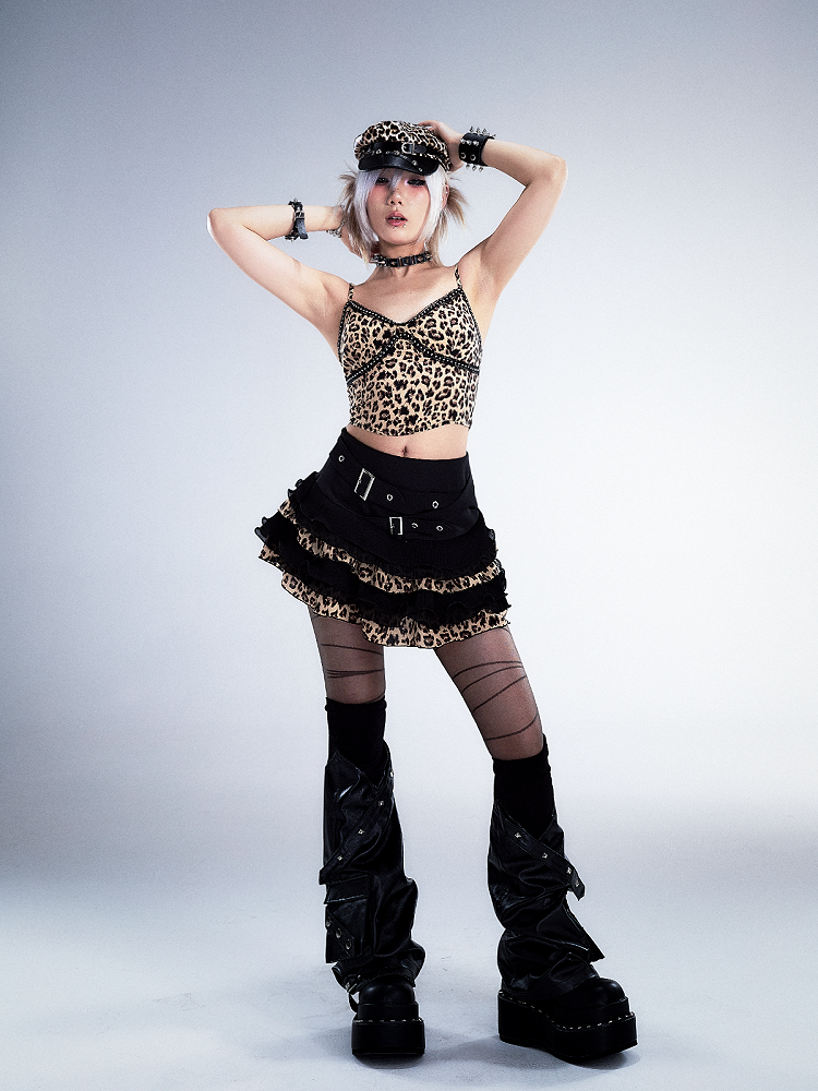 Criss-cross-Taillengürtel Schwarzer Leoparden-Punk-Spitzen-Stufen-Minirock