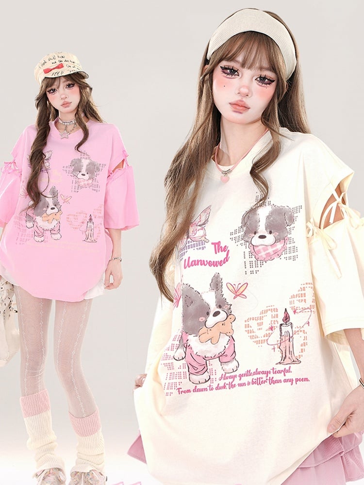 Rosa/Aprikose – T-Shirt mit Cartoon-Welpen und Cut-out-Ärmeln zum Binden