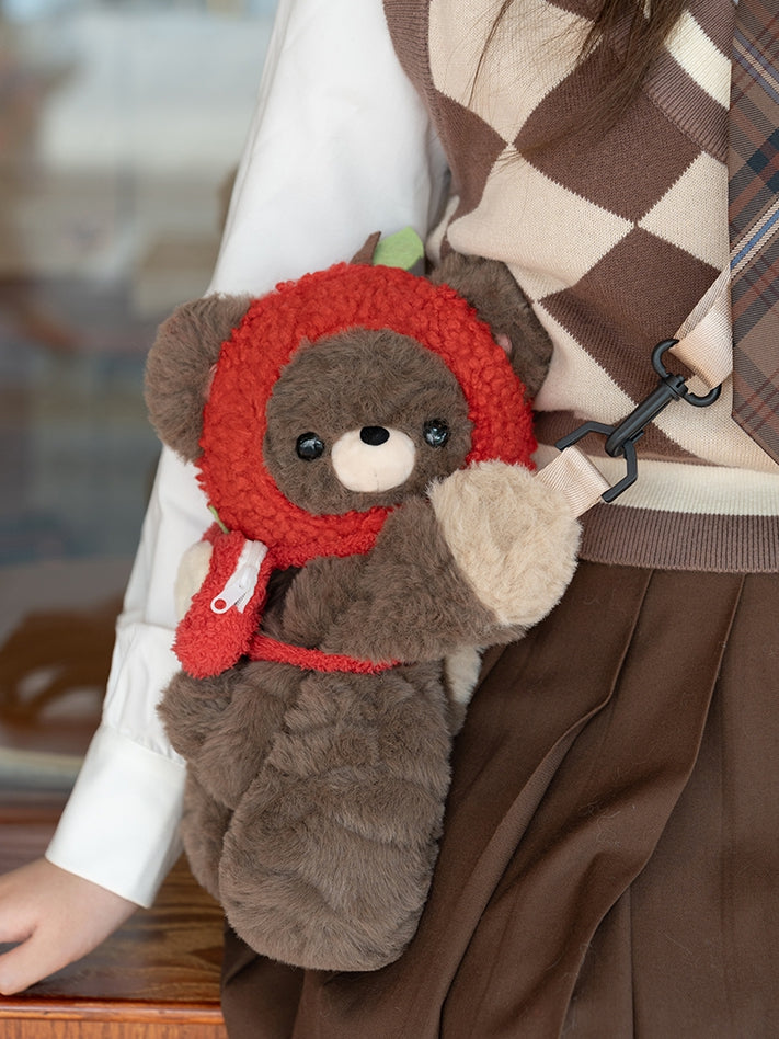 Brown Size Hat Red Bag Apple Bear Plush Backpack Backpack/Crossbody + Middle/Large Keychian