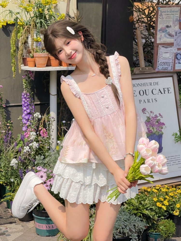 Flutter Sleeves Cartoon Bear Print Sleeveless Top Sweet Pink