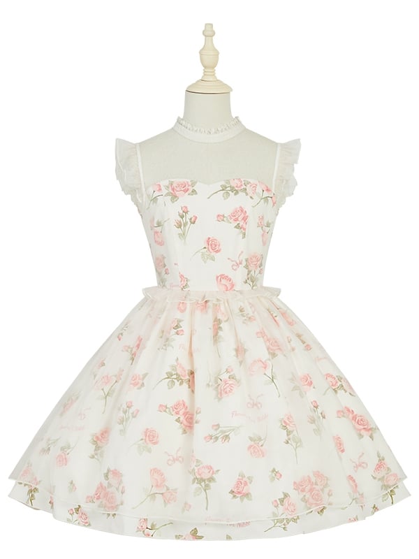 Dress Pink Print Rosette White Illusion Lolita Summer Neckline