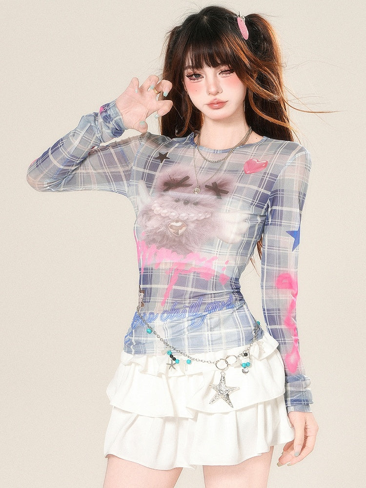 Blue And Glamorous Top Print Pattern Long Sleeves Letter Plaid Doll