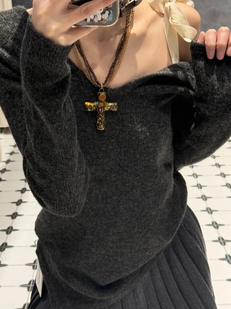 Gold/Braun Kreuz Anhänger Dreilagige Perlenkette