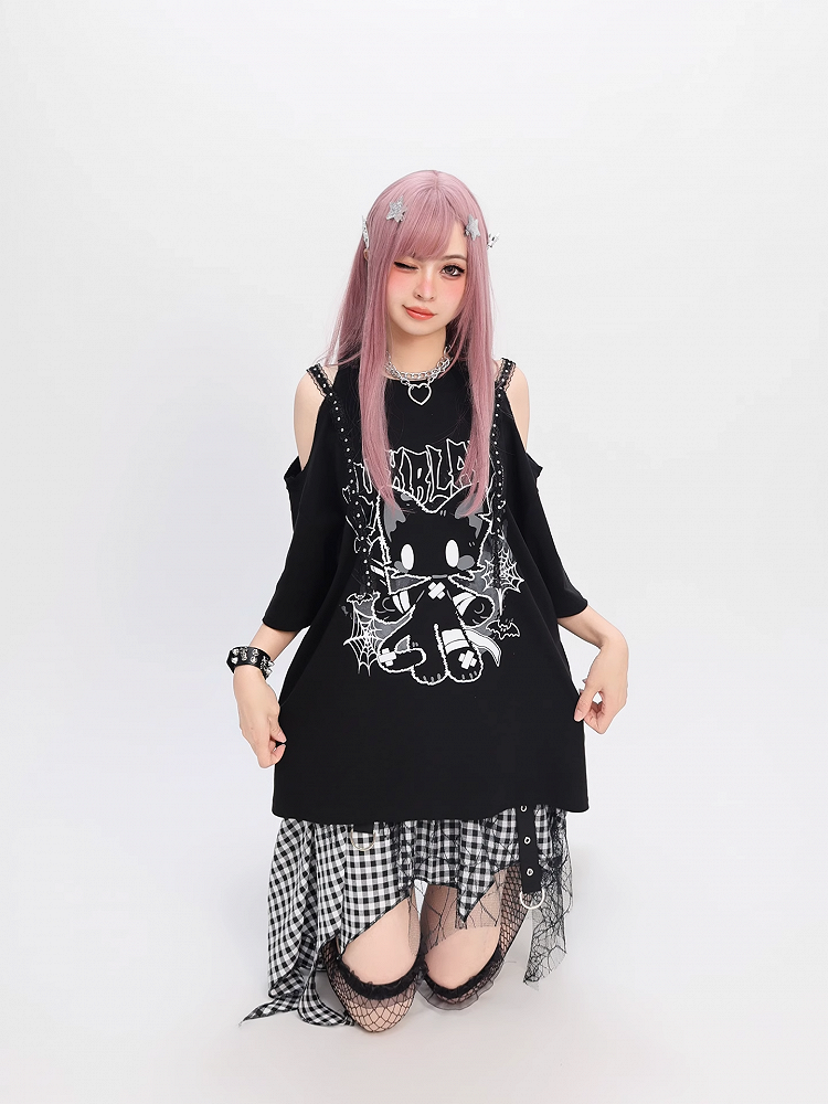 Cat Print Loose T-Shirt Y2K Black Cutout Shoulder Bittersweet