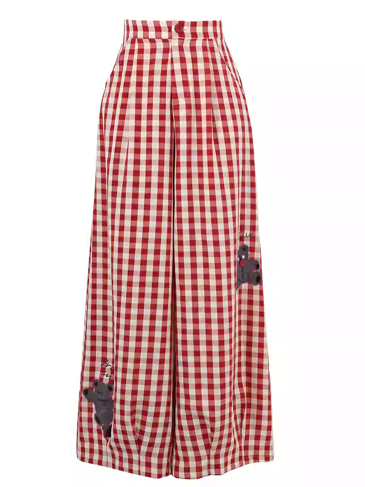 Wide-Leg Pants Version Short/Long Red and White Plaid Bear Print