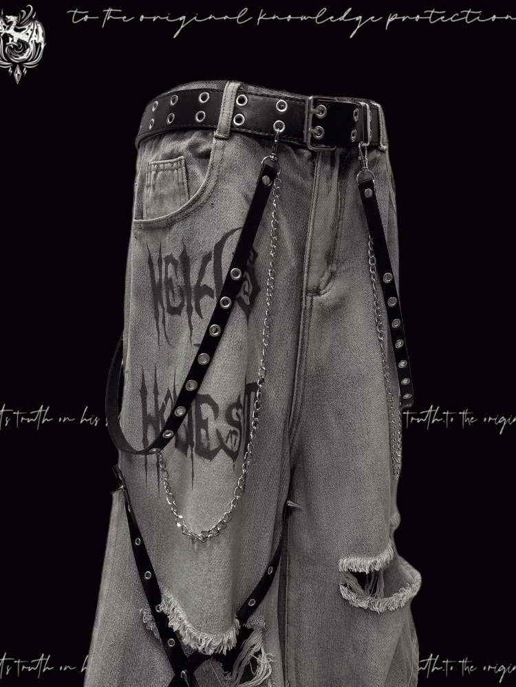 Blue Criss-cross Straps Design Distressed Holes Punk Jeans Y2K