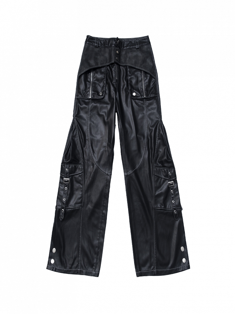 Black PU Punk Cargo Pants With Adjustable Metal Straps