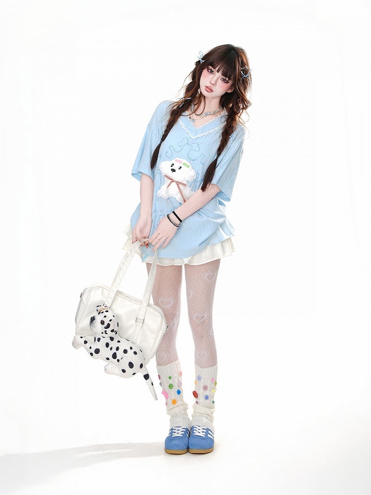 Yume Kawaii Adorable Puppy Weiß/Blau Lockeres T-Shirt