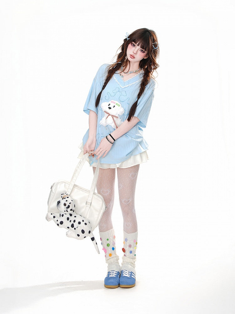 Loose Yume Adorable Puppy Pattern Weiß/Blau T-Shirt Kawaii