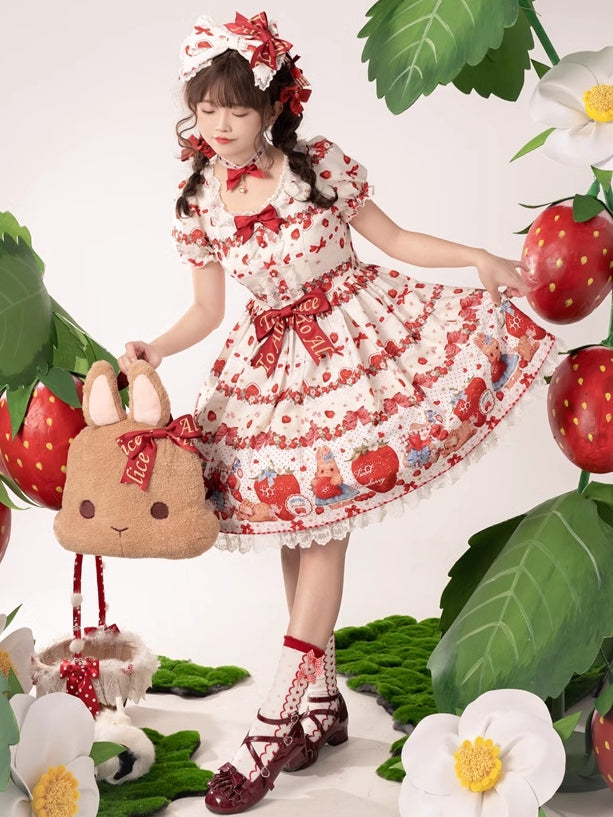 春のイチゴとウサギのプリントレーストリムリボンアクセントベージュスイートドレスロリータワンピース