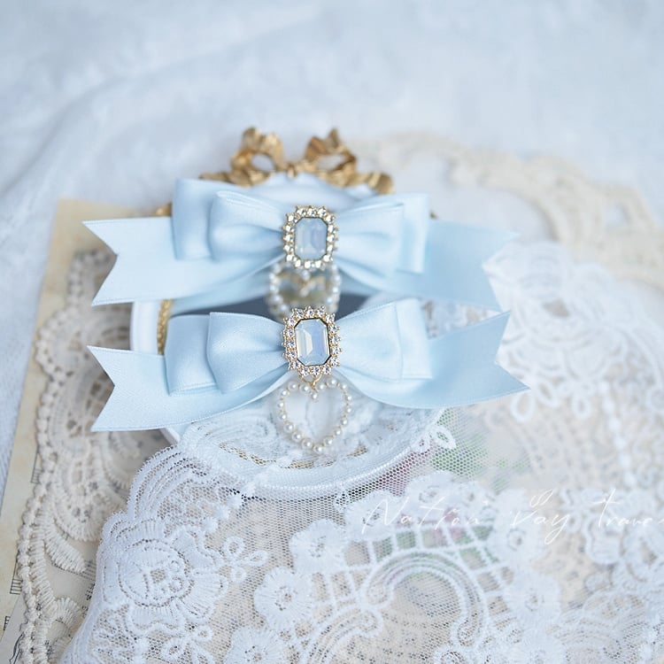Pink/Light Blue/White Square Rhinestone Jirai Kei Bow Hairclips Dusty