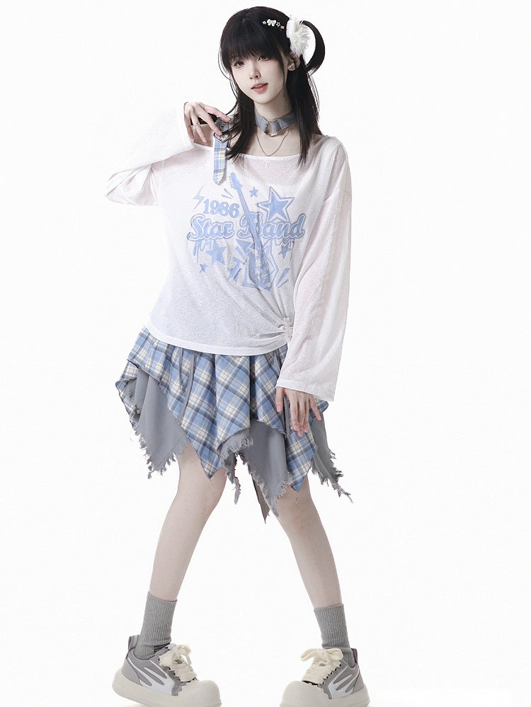 Plaid Skirt White /Black Frayed Handkerchief Hem Blue