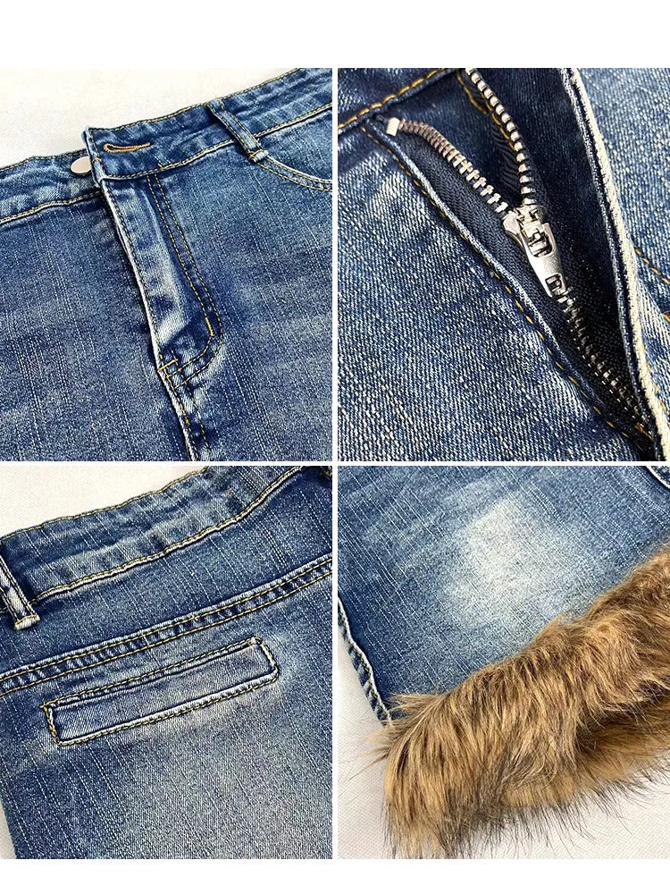 Hem + Leg Fashion Slit Plush Skirt Warmers Denim Side Straps Buckle Gyaru Blue