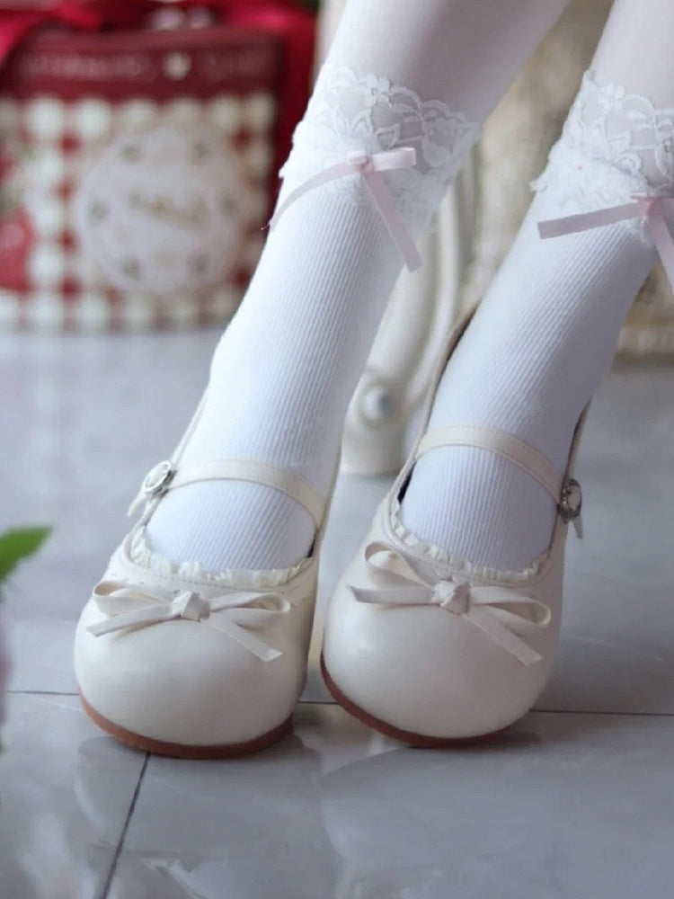 Lolita Beige mit matten Schuhen Schleife Flache runde geknotete Spitze