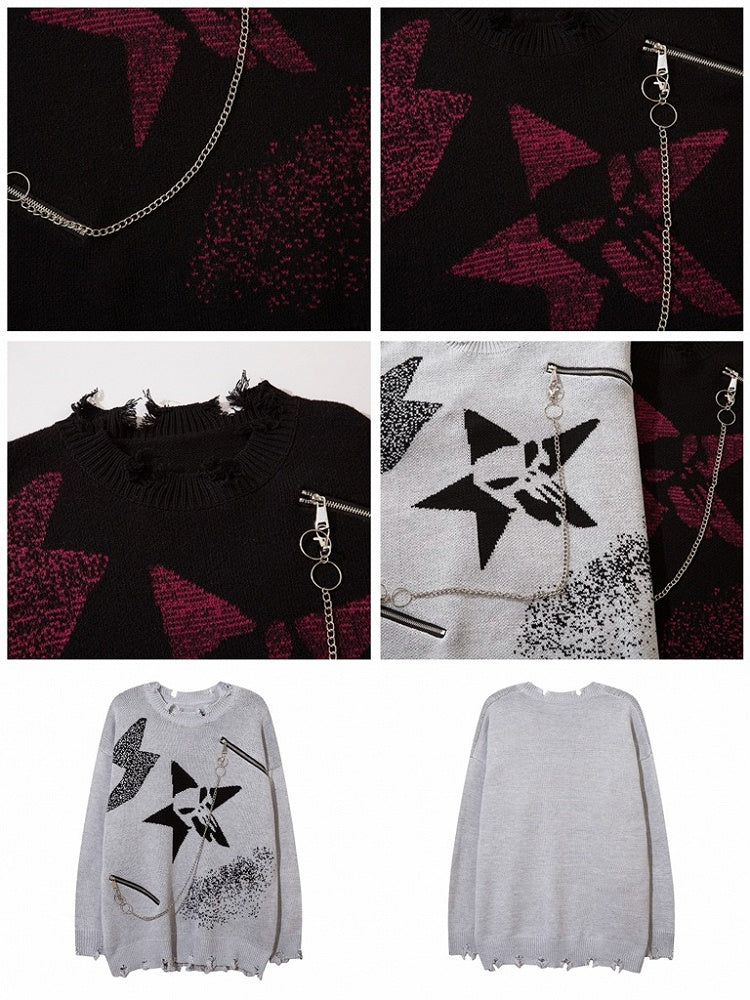and Black/Gray Distressed Knit Sweater with Zipper Chain Detail