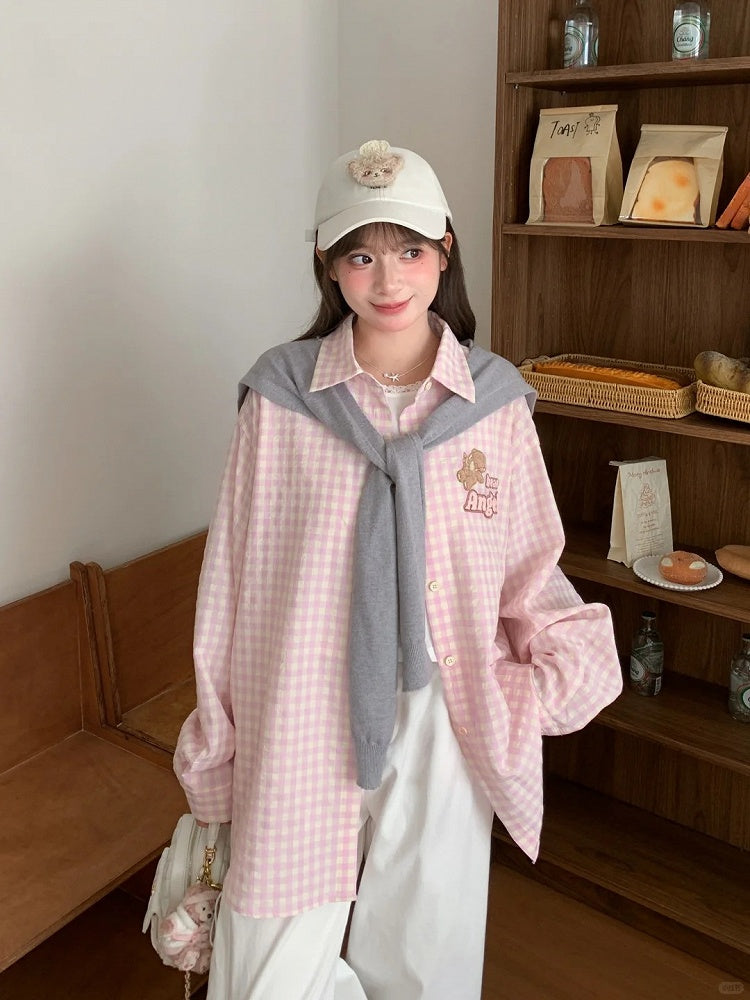 Pink Loose Plaid Shirt Adorable Bear Embroidery