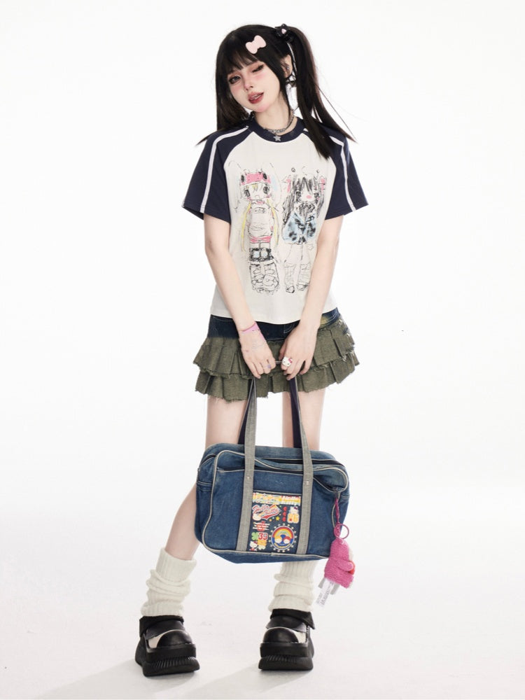 and Black White Design Colorblock Print T-Shirt Anime Graffiti