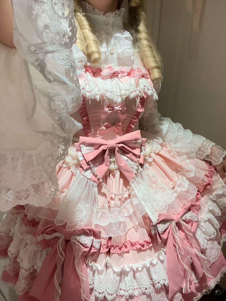 Pink Tiered Lolita Dress Sweet Bows Skirt and Details Bead Detachable