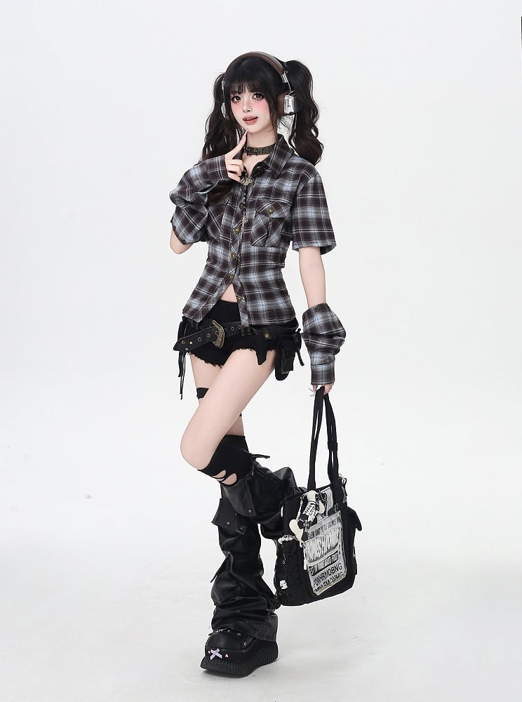 Detachable with Blue and Brown Plaid Lace-up Back Backless Shirt
