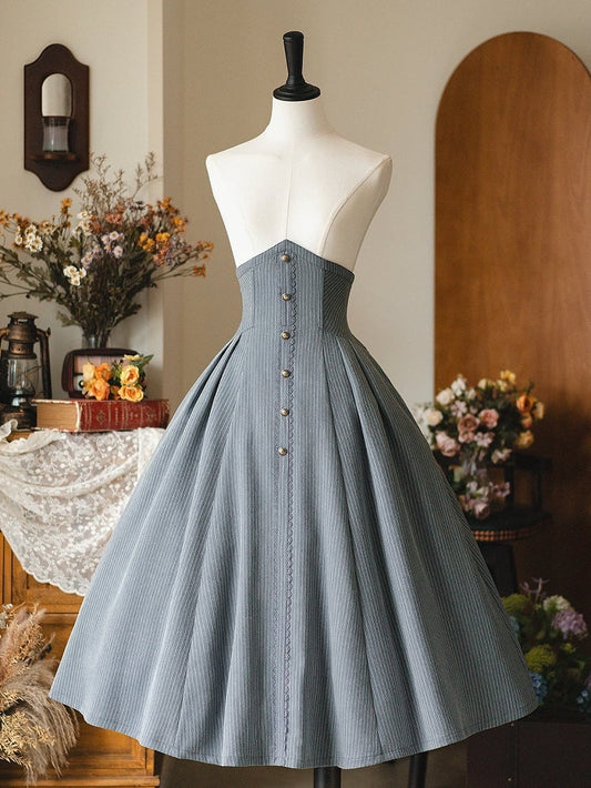ライトダスティブルーの春ヴィンテージボーン入りハイウエストエレガントクラシックロリータスカート