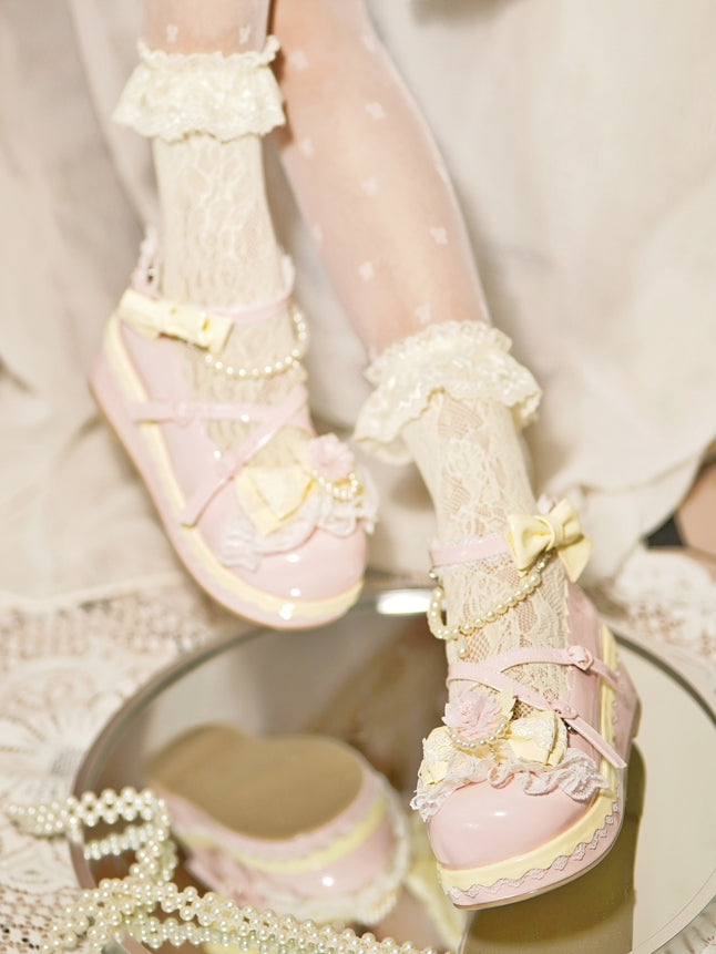Floral at Platforms Heart Bow Design Beaded Buckle Chain Detachable Pink Lace With Trim Top