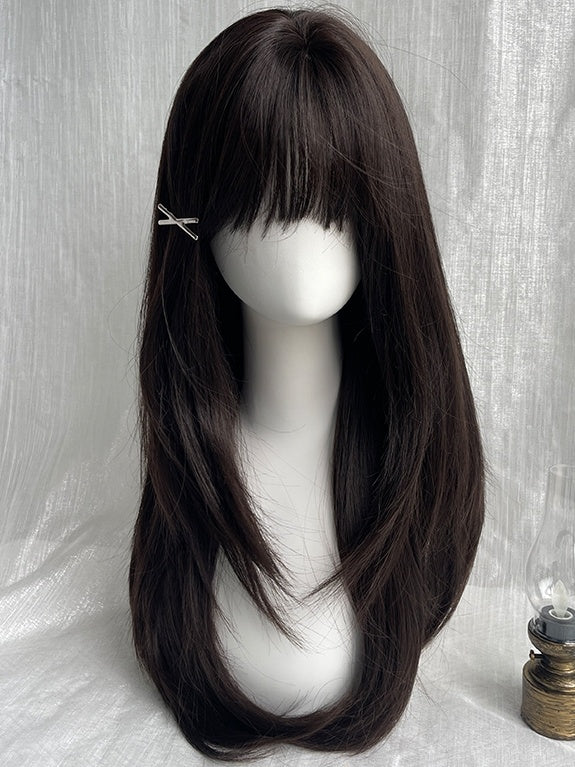 Black Tea Long Straight Synthetic Wig With Full Bangs