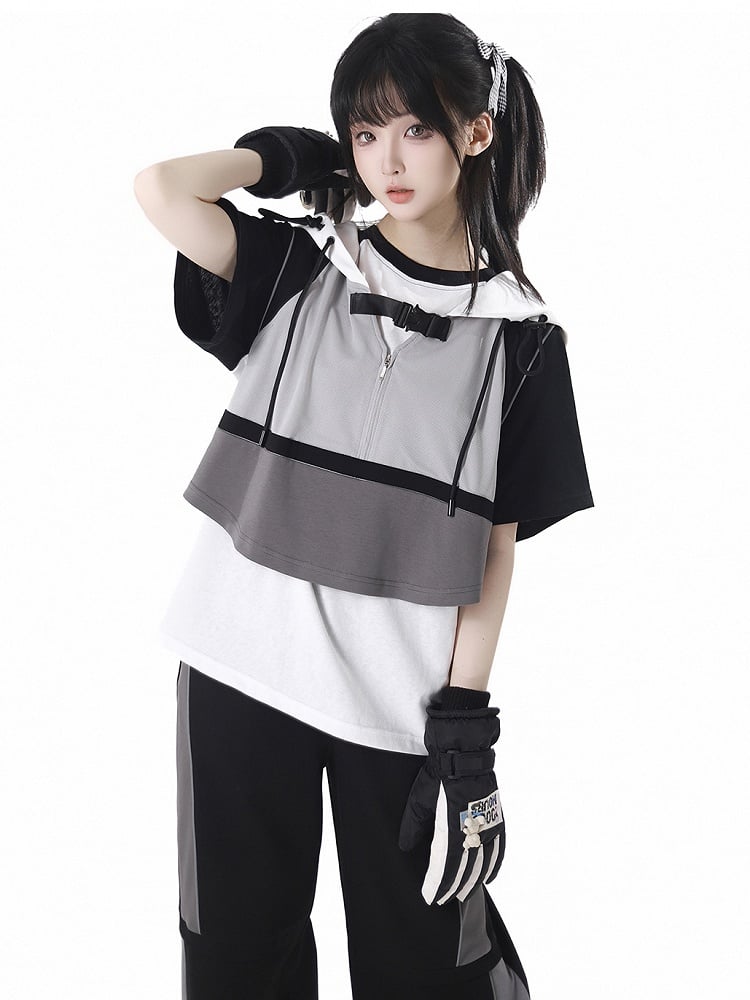 Weste Grau Colorblock Design Techwear Kapuze Cropped