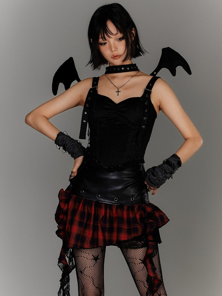 Ruffled Black PU Punk Skirt Hem Y2K Asymmetrical Red Plaid