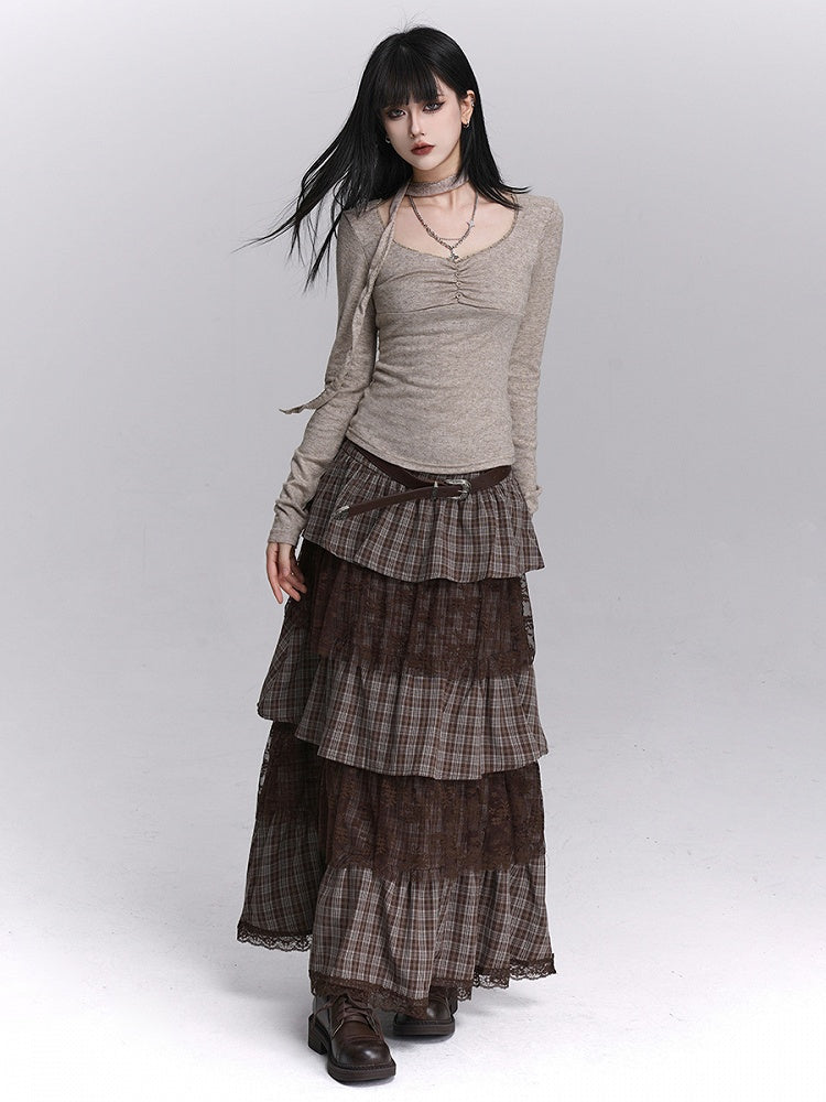 Oatmeal Top U-Neck Button Ruches with Matching Neck Strap Gray
