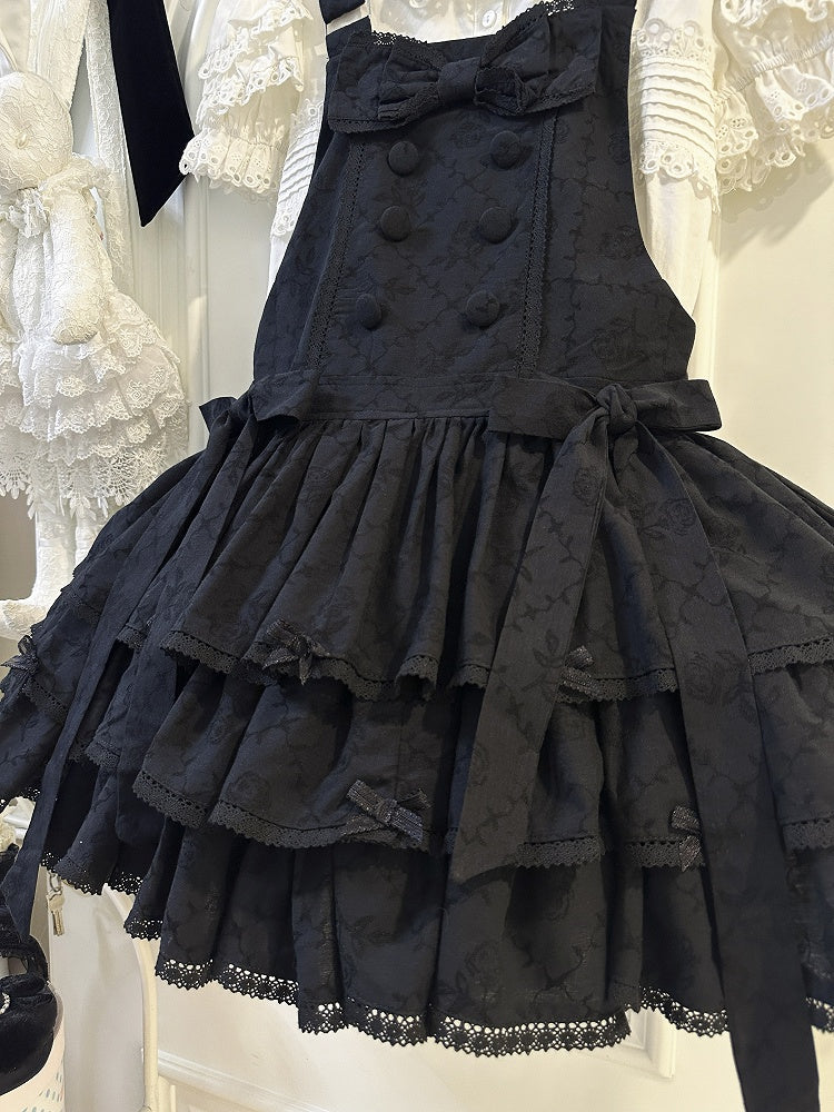 Black Ruffle Sweet Lolita Buttons with Overall Dress Layered Double-Breasted