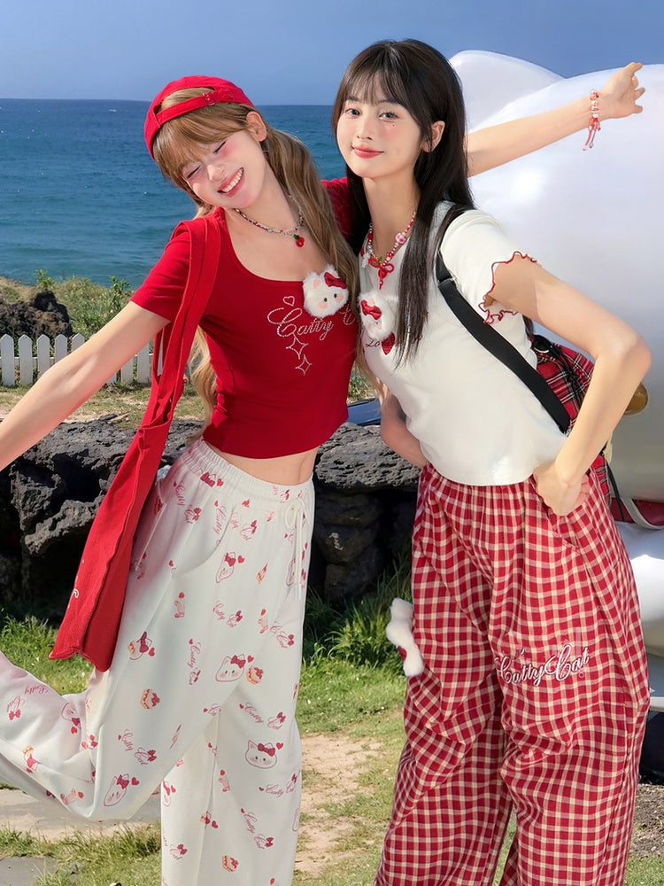 Pants with Kitty Plushie Red Plaid Elastic Waist Wide-Leg Casual