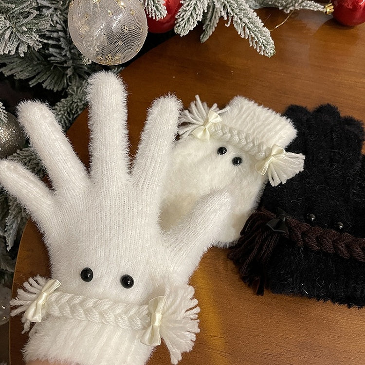 Black/White Lolita Braids Bowknot Plush Gloves
