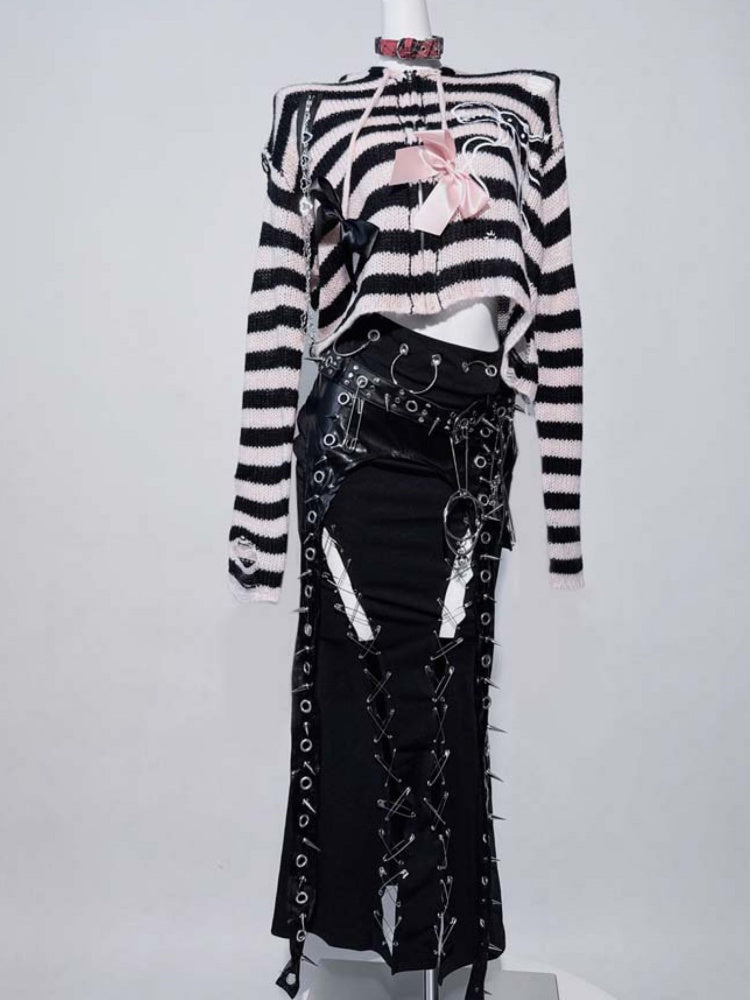 Black Punk Ring Stud Pin Detail Thigh-high Slit Mermaid Skirt with Buckle Belt