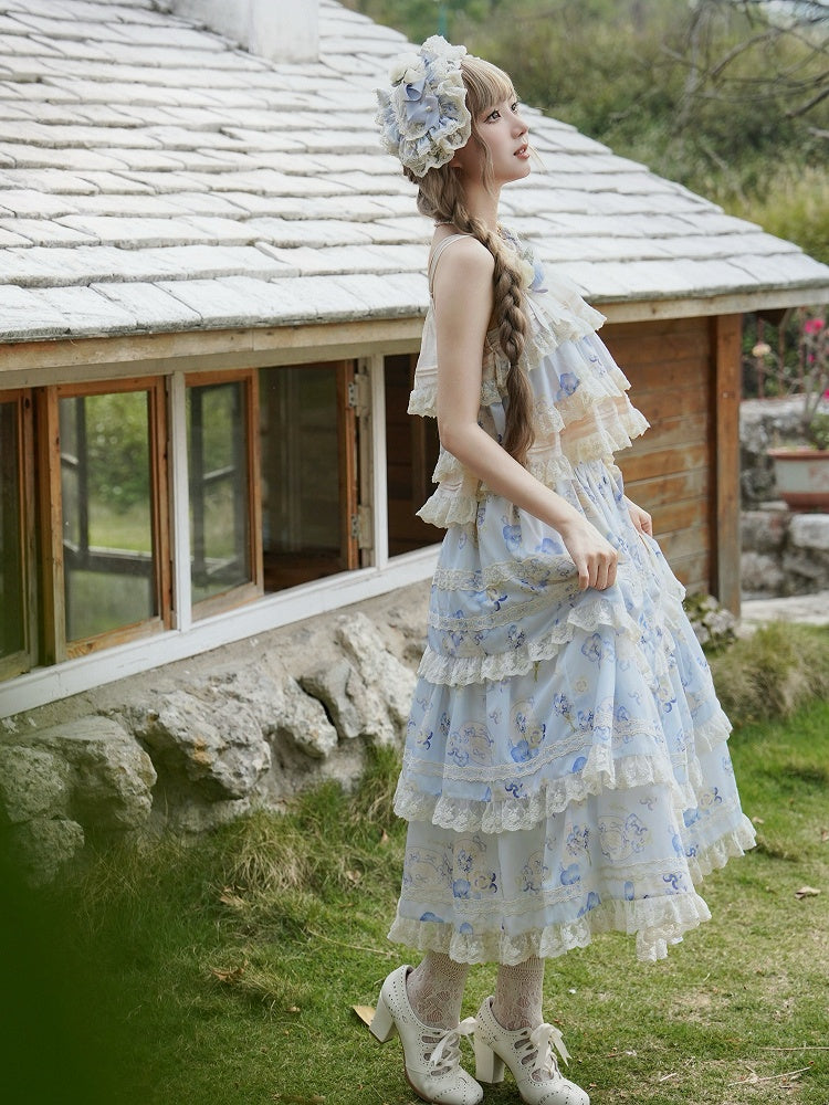 Print Top Cami Blue Floral Beige Tiered and