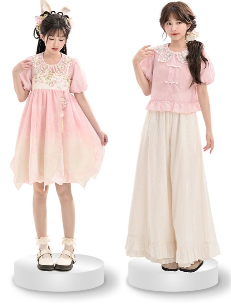 Ombre Style Spaghetti Strap Dress Empire Pink Waist Strawberry Embroidery Cheongsam